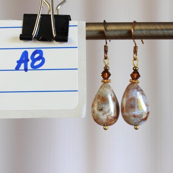 Handmade Desert Jasper Teardrop Stone Dangle‎ Earrings Earthy Boho Bohemian - Picture 3 of 3